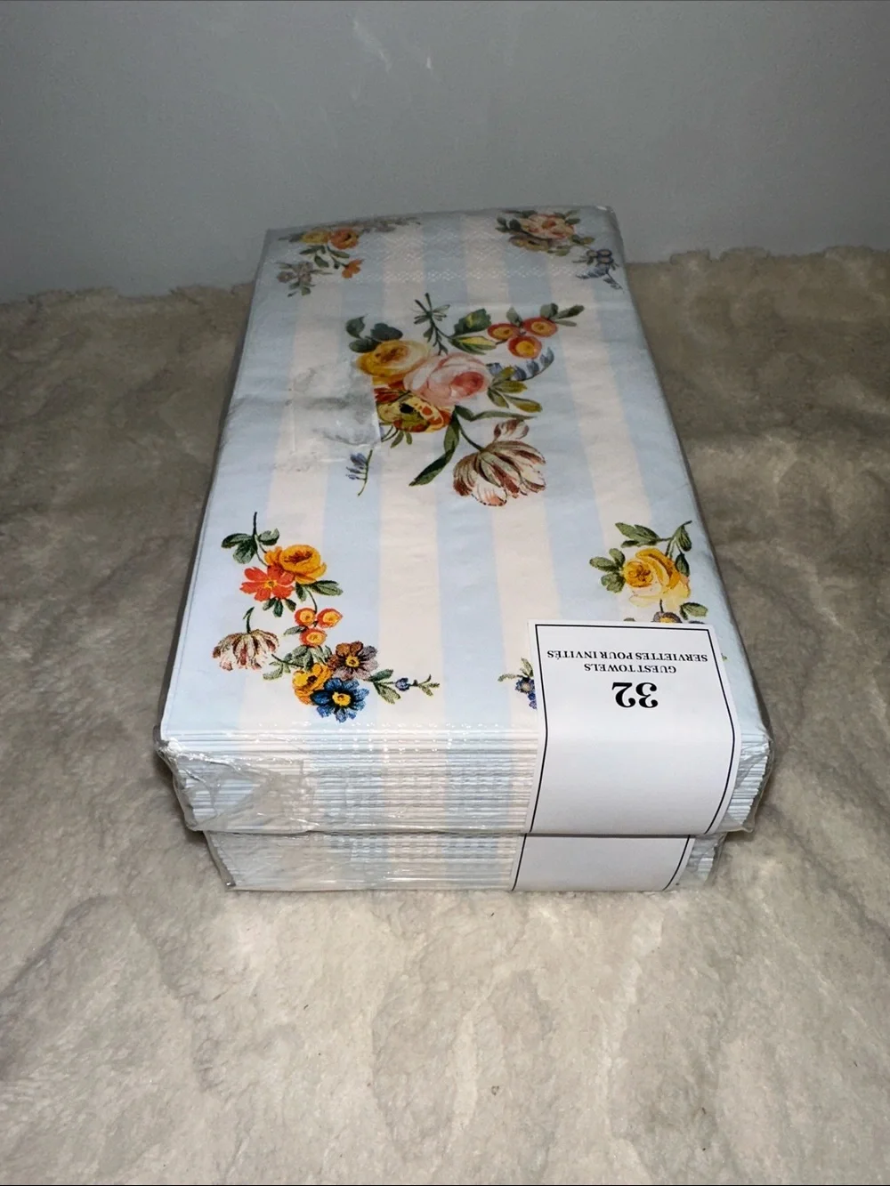 Punch Studio 32 x 2pk Guest Paper Towel Napkins White Blue Floral Stripe Print